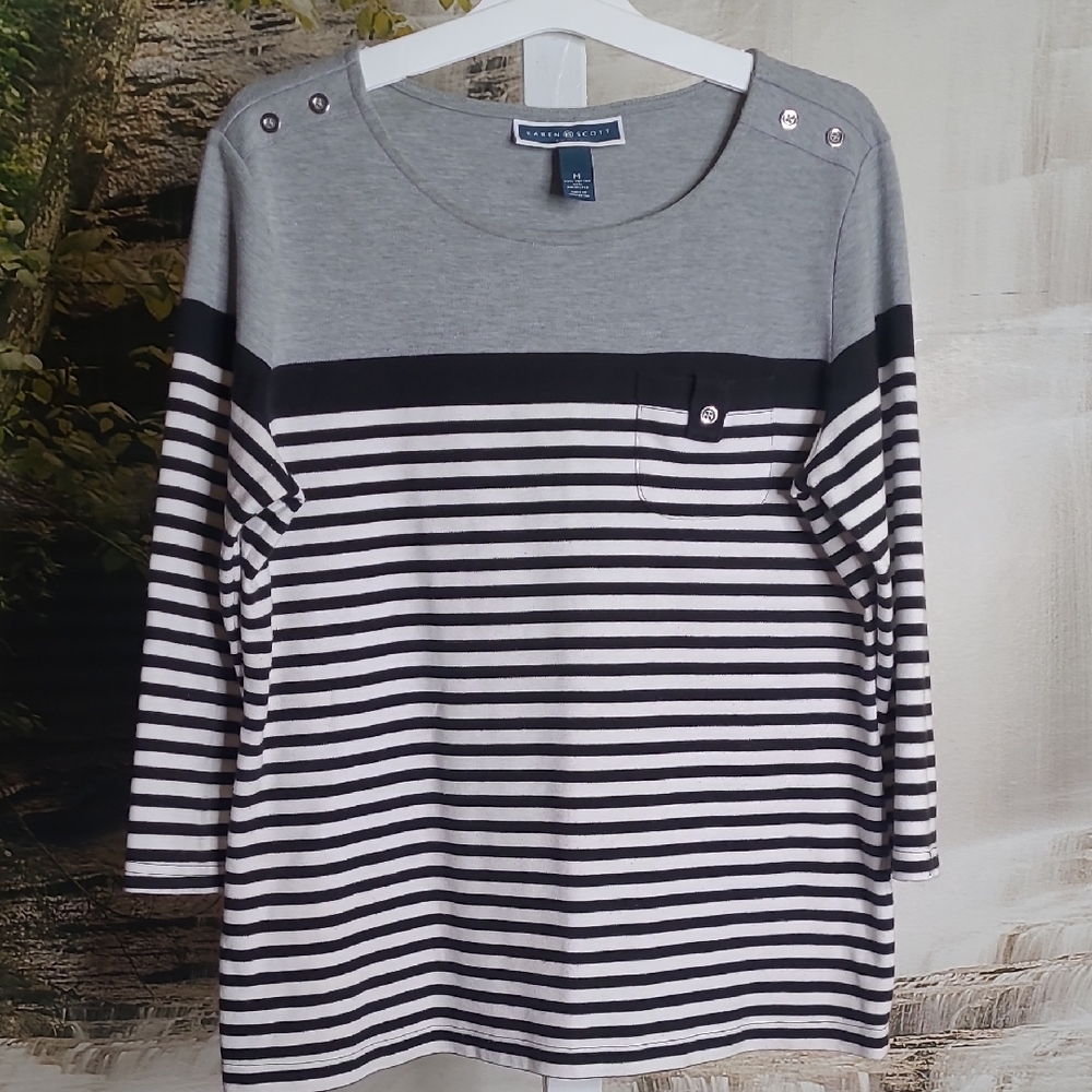 Karen Scott Sport Womens Medium gray black striped top button accents